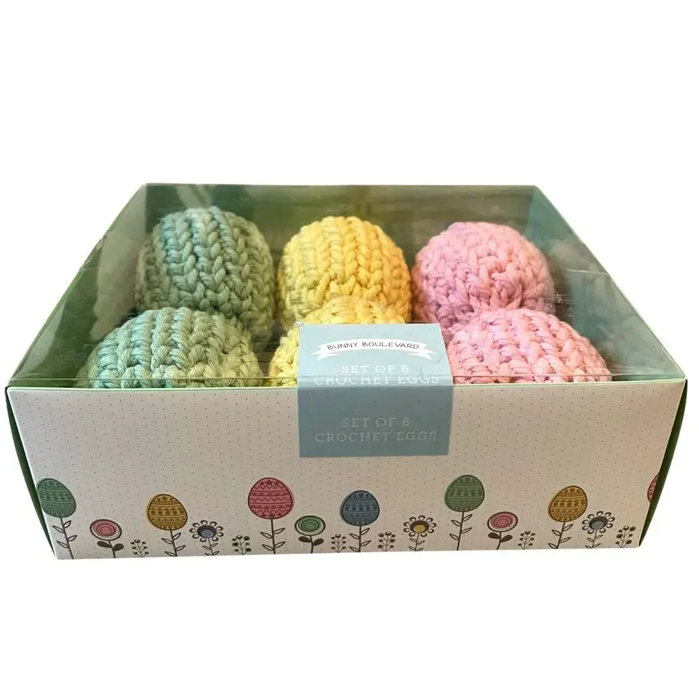 BUNNY BOULEVARD 6pk Crochet Eggs Pink Green Yellow Easter Decor Yarn Wrapped New